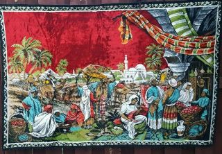 Vintage Velvet Tapestry Rug Seller Caravan Desert Market Scene 80 X 45 "