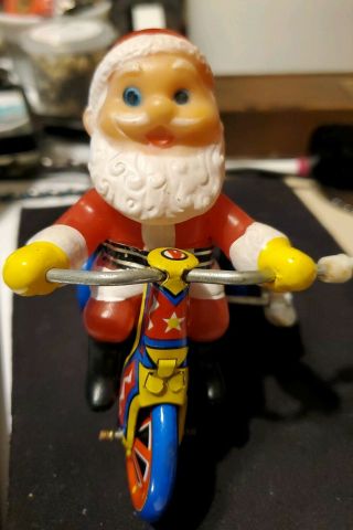 Vintage Santa Claus Christmas Tricycle Metal Wind Up Tin Toy Bike Korea 3