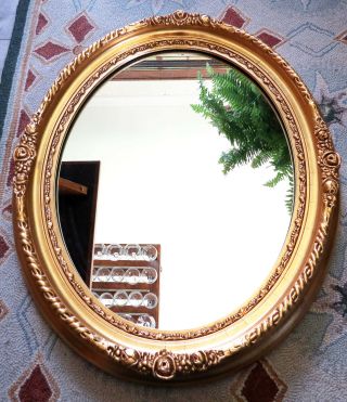 Antique Mirror Ornate Oval Wood Frame Gilt & Gesso Hollywood Regency 22 " X 18 "