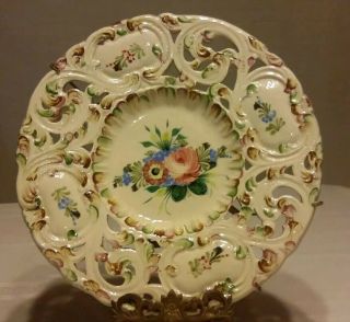 Vintage Italian Hand Painted Beige Pink,  Green Flowers Lace Wall Decoration Plate
