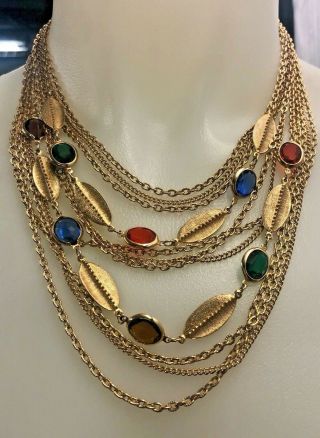 Vintage Multi - Strand Gold Chains Leaves Green,  Blue,  Red Glass Faceted Necklac