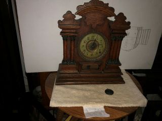 Antique 1880 East Lake Victorian Oak Mantle Clock With Pendulum & Key
