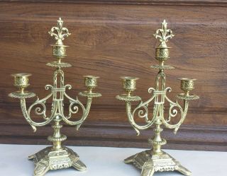 Pair Antique French Brass Bronze Candle Holders Candelabras Candlesticks Chandel