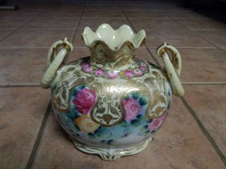 Antique Nippon Hp Porcelain Art Nouveau Rose,  Moriage,  Heavy Gilt Vase