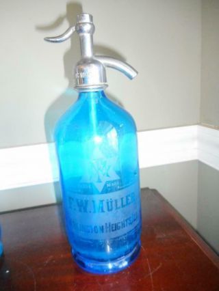 Antique F W Muller Arlington Heights Ill Aqua Blue Glass Soda Spritzer Bottle