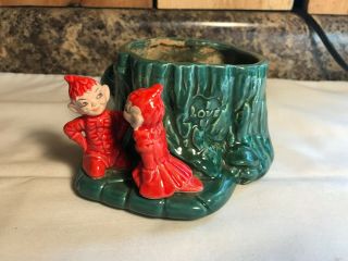 Vintage Gilner Pottery Pixie Elf Elves " I Love U " Tree Stump Planter