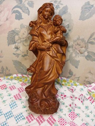 Huge 16 " Antique 1940s German Carved Wood Mary Jesus Statue