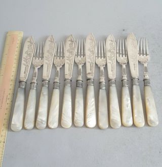 Set 12 (6,  6) Antique Silver Plated Fish Knives & Forks.  C.  1880
