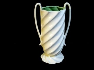 Vintage Red Wing Usa Pottery 1376 Swirled Handled Vase White Green 11.  5  X 6