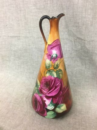Antique 9 " American Belleek Hand Painted Ewer Vase Red Roses
