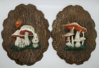 Set Of 2 Vintage Mushroom Wall Plaques Faux Wood Pressed Foam