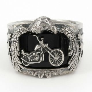 Bradford Exchange Sterling Onyx Harley Davidson " Ride Hard Live " Ring Sz 10