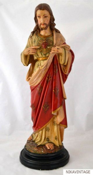 20 " Antique Sacred Heart Of Jesus Polychromed Plaster Statue Christ Figure