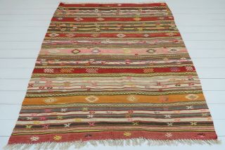 Striped Turkish Barak Kilim Rug,  Handmade 5x7 Wool Rug Göme Kelim Carpet 62 " X74 "