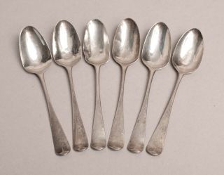 Unusual Set Six Antique 18thc Georgian Sterling Silver Picture Back Tea Spoons