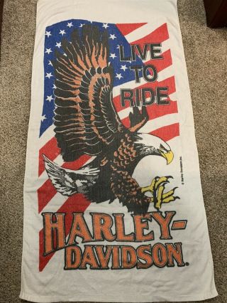 Vtg Harley Davidson Bath Beach Towel Live To Ride Eagle Us Flag Red White Blue