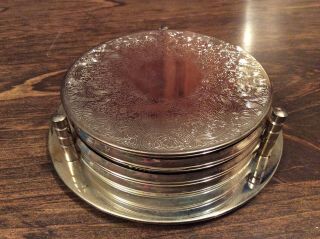 Vintage Sterling Silver 4” Drink Coaster Set With Caddy (6)