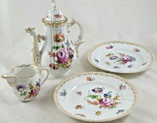 Antique 1891 Donath & Co Hand Painted Floral China Teapot,  Creamer & Plates Sca