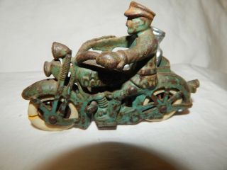 Antique Hubley Cast Iron Toy Motorcycle & Side Car & Passenger 5 " Inches Long