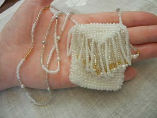 Vintage Pearl And White Seed Bead Beaded Purse Necklace