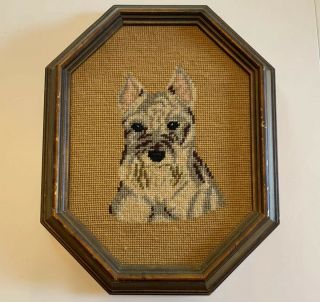 Vintage Scottish Schnauzer Terrier Dog Needlepoint Picture Framed