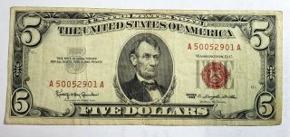 Vintage $5 1963 Five Dollar Red Seal United States Note Us Money Aa Block