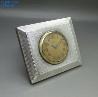 Art Deco Solid Sterling Silver Mounted 8 Day Mantel / Travel Clock 1924