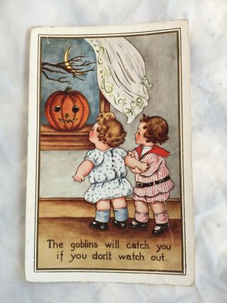 Vintage Halloween Postcard Little Boy & Girl Pumpkin In The Window Goblins
