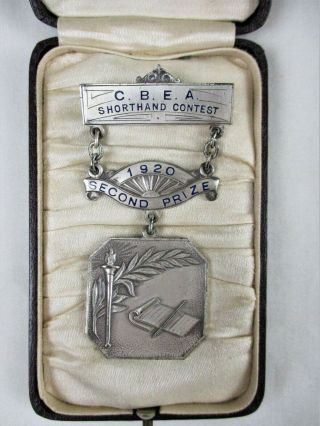 Antique Sterling Silver,  Shorthand,  2nd Place Award Medal,  1920,  Box
