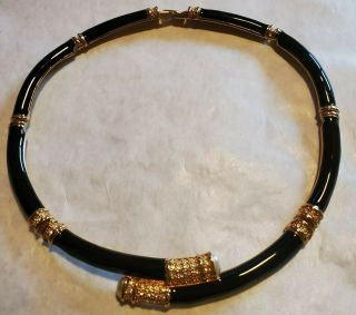 Vintage Swarovski Gold Tone Black Enamel Crystal Faux Pearl Choker Necklace