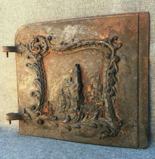 Heavy Antique French Stove Door Ornament 19th Century Cast Iron Castle Signed