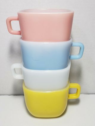 Vintage Glasbake Square Mugs Set Of 4 Blue Yellow White Pink J - 2265