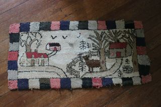 Vintage Antique Hooked Rug Grenfell? 18x35 Primitive,  House Farm,  Etc.  Very Old