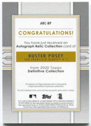 2020 Topps Definitive Buster Posey Autograph Relics Jumbo Jersey Auto 1/15 2