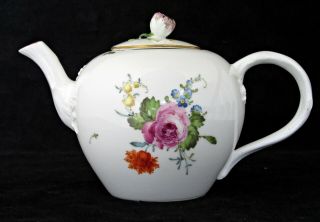 Antique 18th Century Meissen Porcelain Teapot,  Flower Finial,  Dot Mark,  C1770
