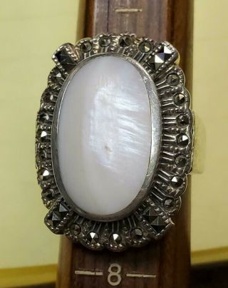 Vintage Sterling Silver & Mother Of Pearl Marcasite Large Ladies Ring Sz 7 Nf