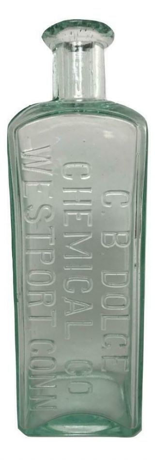 Antique 1900s Cb Dolge Chemical Westport Ct Embalming Aqua Glass Embossed Bottle