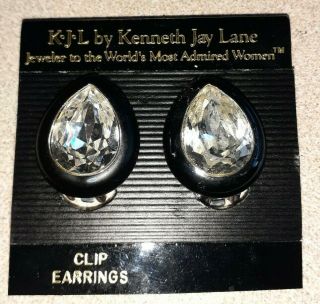 Vintage Kenneth Jay Lane Kjl Clear & Black Clip On Earrings