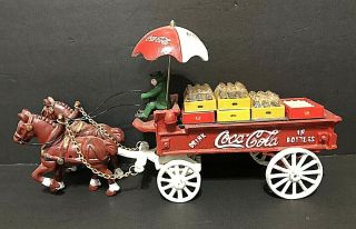 Vtg/antique Coca Cola Cast Iron Horse Drawn Wagon Umbrella Cases Bottles Coke