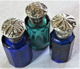 3 Antique English Sterling Silver Lidded Small Perfume Bottles Blue Green