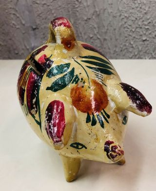 Mexican Folk Art Vintage Pottery Piggy Bank Cream,  Red & Green Painting