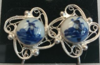 Vintage Blue Delft Porcelain Dutch Earrings Screw Post Sterling Silver Windmill