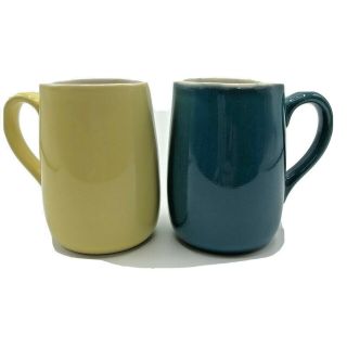 Two Small Vintage Coors Usa Pottery Ceramic Mug Yellow Teal Blue 4” 8 Oz 1930s