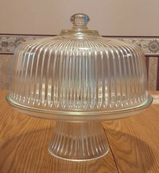 Vintage Glass Pedestal Cake Plate Stand / Ribbed Dome Pattern,  Ball Knob Handle