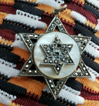 Vintage Sterling Silver Star Of David Pendant Mother Of Pearl,  Marcasite