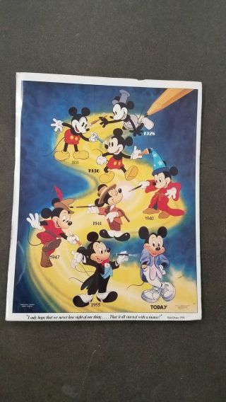 Vintage 1986 Disney Mickey Mouse Through The Years Poster By One Stop 28x22