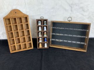 Vintage 10 Thimbles & 3 Various Wooden Wall Display Cases Holds 32ct/20ct/10ct