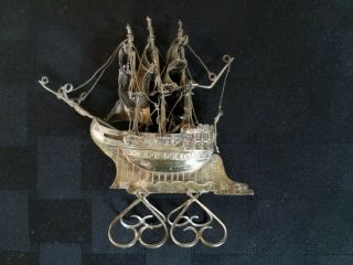 Antique Miniature Collectible Sterling Silver Sailing Ship Boat On Stand 52g