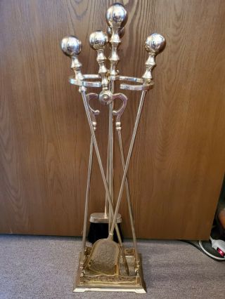 Heavy Brass Fireplace Tool Set With Ornate Stand