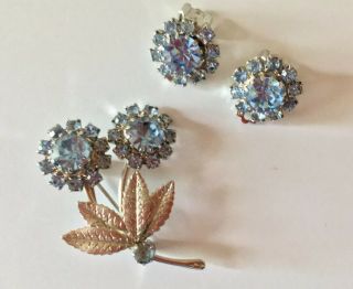 Vintage Blue Rhinestone Silver - Tone Earrings & Brooch Set Flowers Leaves Pin Guc
